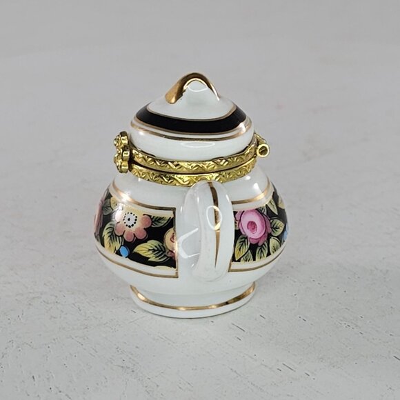 Miniature Floral Porcelain Teapot Trinket Box With Gold Trim - Picture 5 of 8